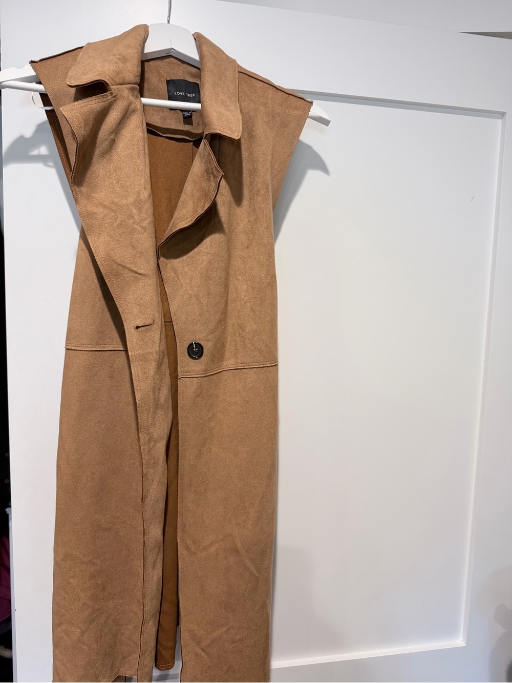 Sleeveless Camel Suede-Look Long Vest